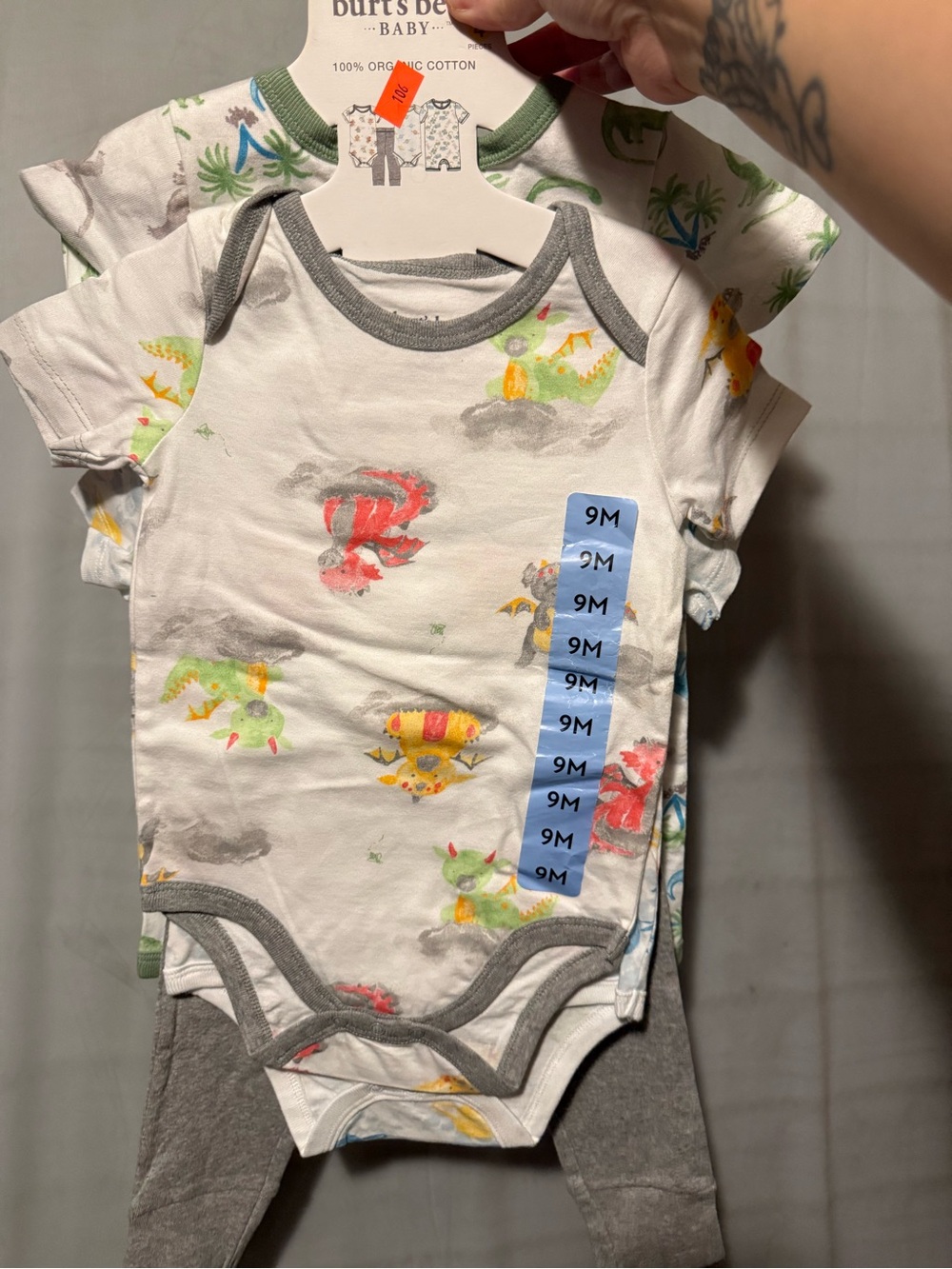 Burt's Bees Baby White Dinosaur Print One-Piece with Gray Trim